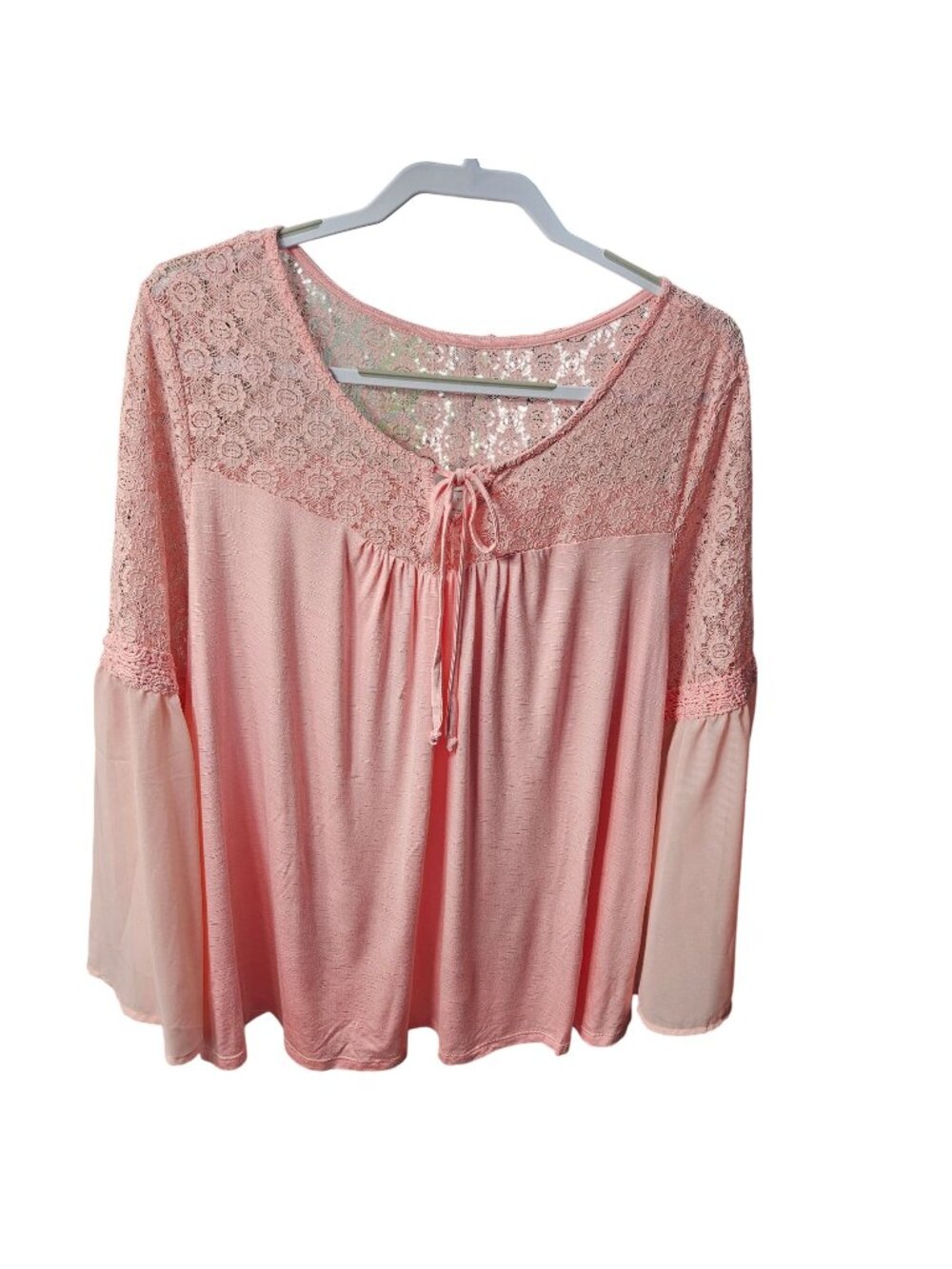 Womens Pink Lace Yoke Long-Sleeve Top With Tie Detail 1X By CJ Banks